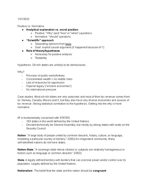 POLI SCI 140 Notes - Spring 2022 Prof. Jon Pevehouse - 1/31/ Positive ...