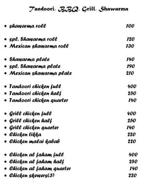 Menu at Alif laila, Chennai