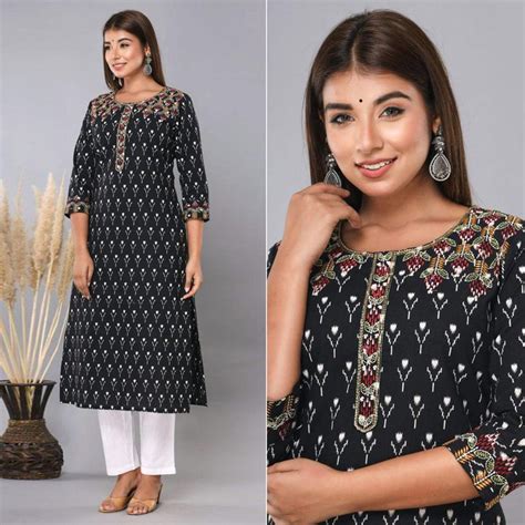 Black Floral Printed With Embroidered Pure Cotton Kurti