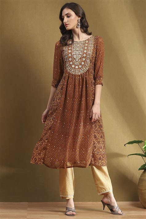 Buy Brown Georgette Printed Gathered A-Line Kurta Online at Biba India