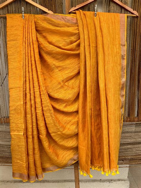 ORANGE YELLOW METALLIC LINEN SARI WITH WOVEN BORDER ML-56 – Weavekala