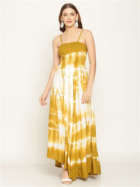 Buy Aawari Women Mustard Yellow Tie And Dye A Line Maxi Dress - Dresses ...