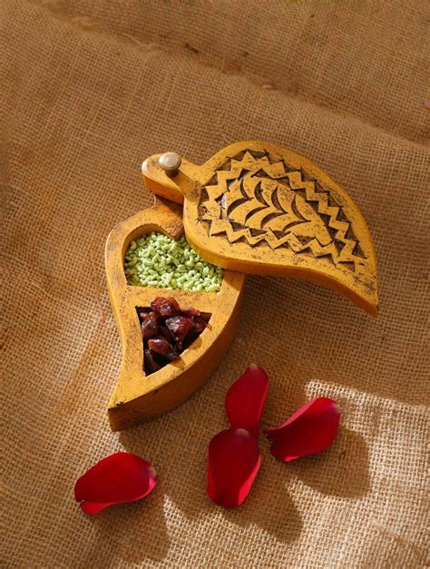 Buy Hand Crafted Wooden kumkum chawal Box with Carved Leaf Shape ...