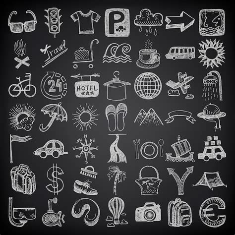49 hand drawing doodle icon set travel theme on black backgraun ...