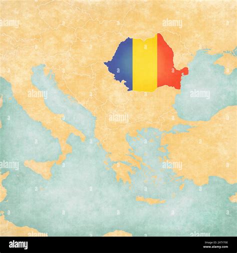 Romania colored with the flag on the map of Balkans in soft grunge and vintage style, like old ...