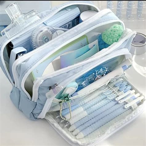 Ice Blue Large Capacity Pencil Bag Aesthetic School Cases Girl Korean ...