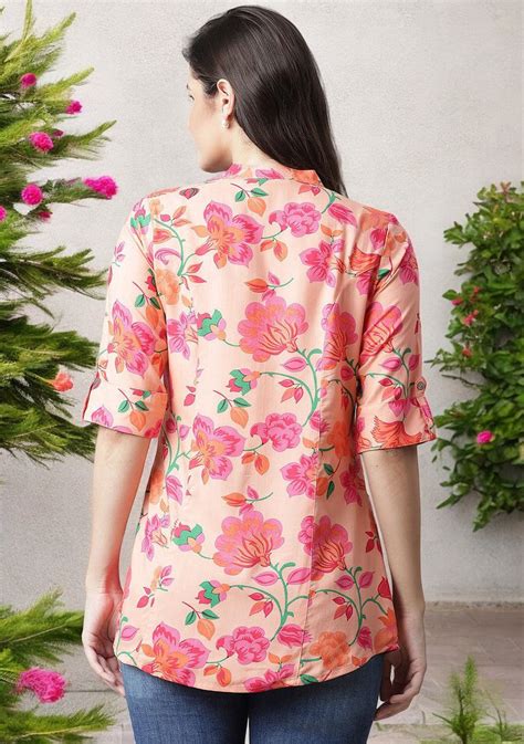 Peach Floral Rayon Shirt-Style A-Line Top | Buy Women Clothing