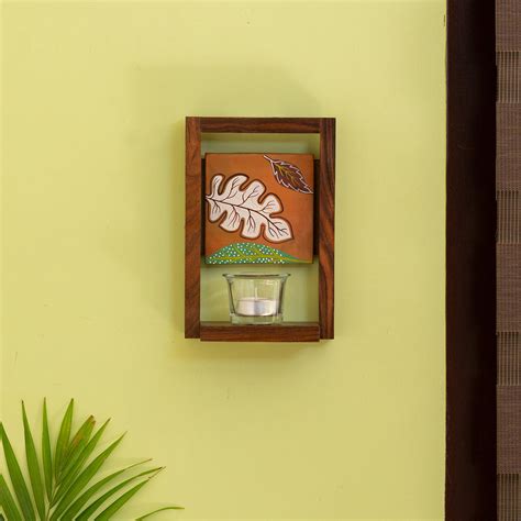 'Shades of a Leaf' Wall Tea-Light Holder in Sheesham Wood & Terracotta ...
