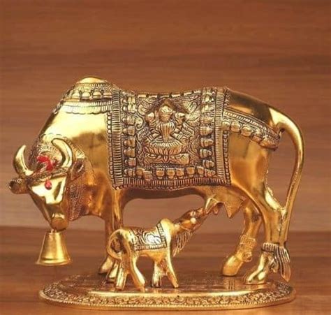 Buy VIYU CREATIONS Metal Kamdhenu Cow and Calf Idol Gold Finish Holy ...