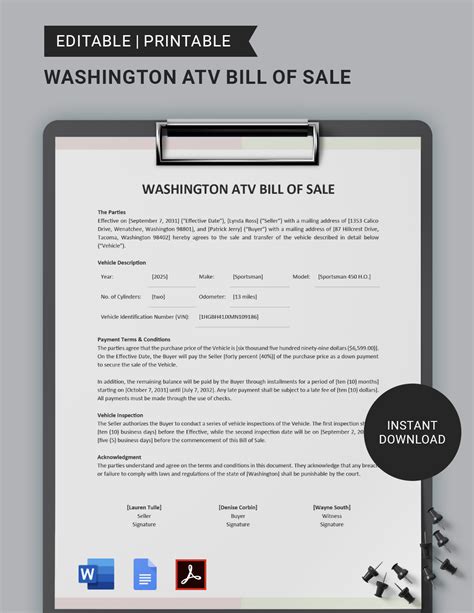 Bill Of Sale Washington Template