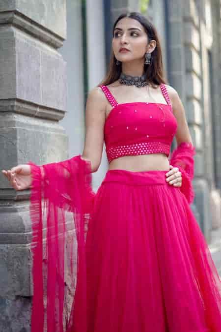 Buy Pink Net Mirrors Square Neck Tiered Lehenga Work Blouse Set For ...
