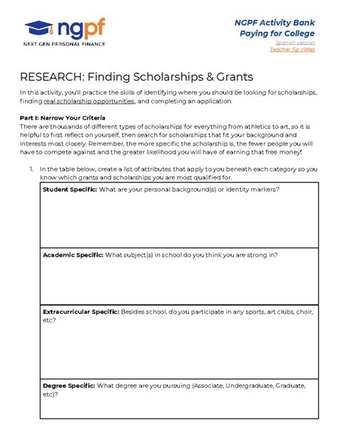 NGPF Activity Bank: Finding Scholarships & Grants (Spanish Version ...