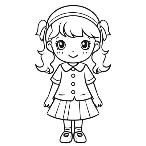 Cute Little Girl In A School Uniform Coloring Page Outline Sketch Drawing Vector, School Drawing ...