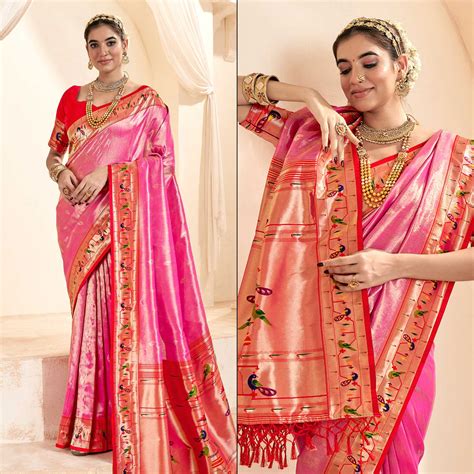 Pink Woven Tissue Paithani Saree With Tassels