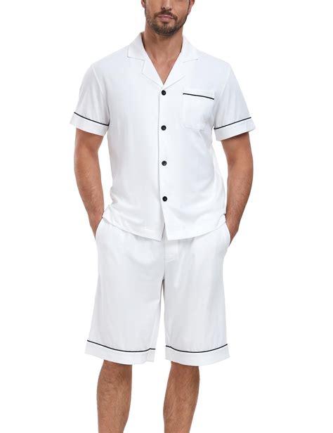 ANLIQI 100% Cotton Mens Pajamas Set Shorts Button Down Sleepwear Short ...