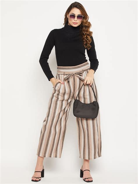 Women Striped Relaxed Flared Wrinkle Free Pleated Cotton Trousers ...