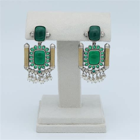 Gold and silver tone Green stone Oxidised pearl droplet danglers ...