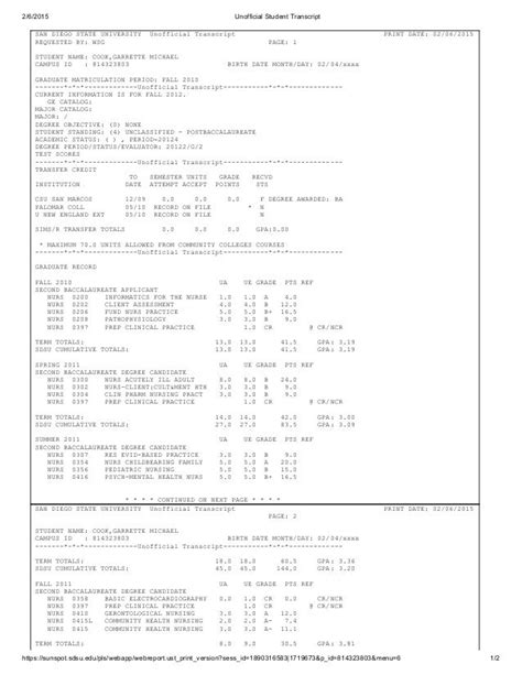 Image result for Unofficial Transcript Sample