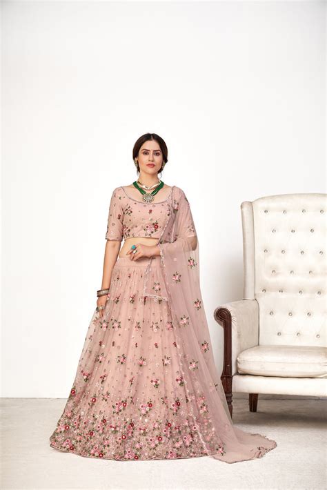 Enchanting Pink Embroidered Net Wedding Ghagra Choli With Du