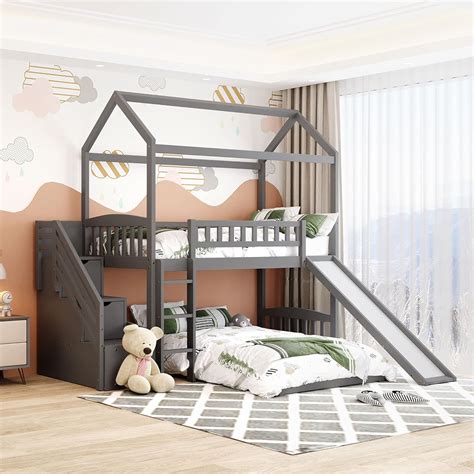 Buy Kids Bunk Bed with Slide, Cabin Twin Bunk Bed with Stairs, House ...