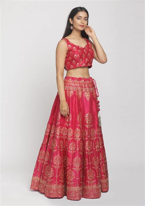 Buy Rani Pink Cutdana Art Silk Semi Stitched Lehenga - Koskii