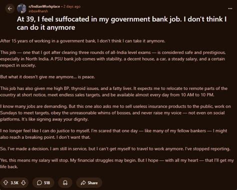 Man 39 calls government bank job suffocating tells Reddit he cannot ...