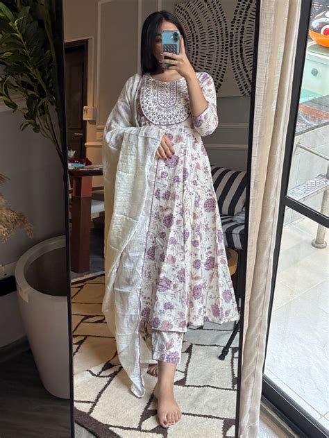 Buy Pure Cotton Floral Printed Embroidered Anarkali Kurta Set