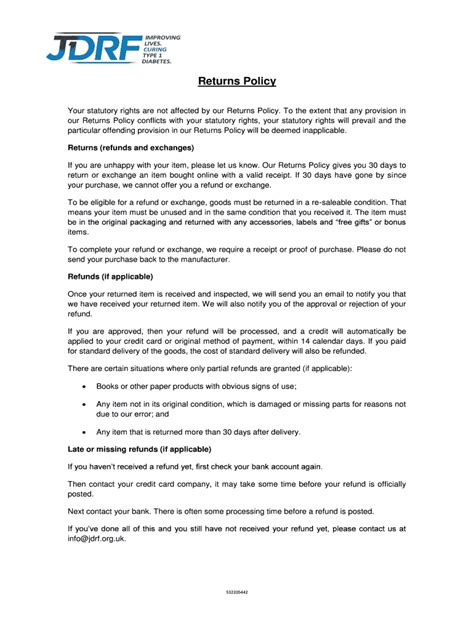 Fillable Online Your statutory rights are not affected by our Returns ...