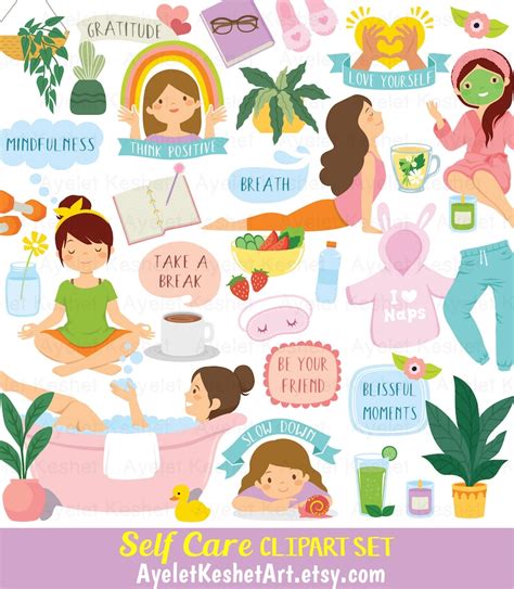 Self care clipart set. Cute clipart bundle of wellbeing and | Etsy
