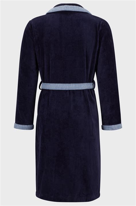 BOSS - Navy cotton-velvet dressing gown with embroidered logo - Dark Blue