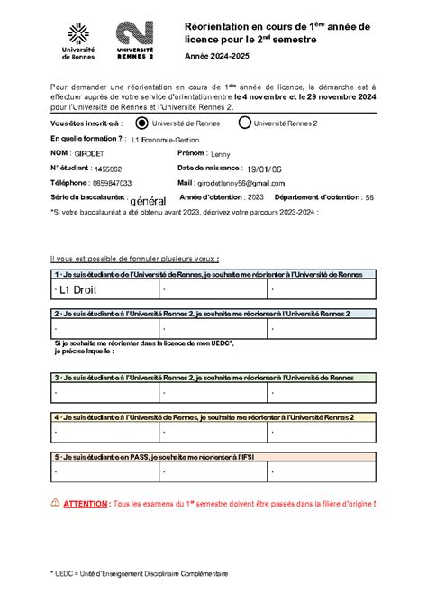 Ambroise Réorientation S2 (formulaire) - * UEDC = Unité d’Enseignement ...