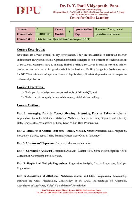 OMBO-306 Statistics and Quantitative Techniques (SQT) - Dr. D. Y. Patil ...