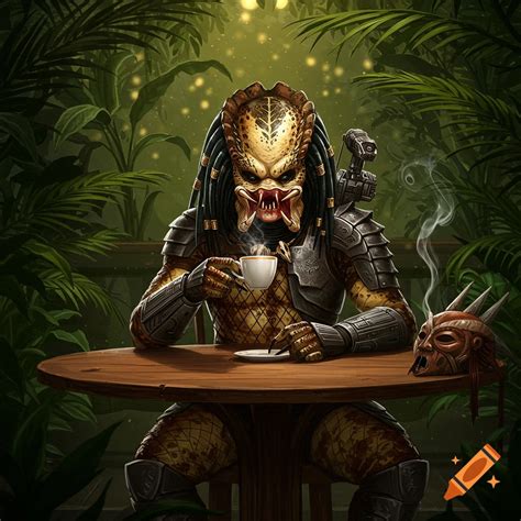 A detailed illustration of Predator sitting at a table in a lush jungle, sipping coffee from a ...