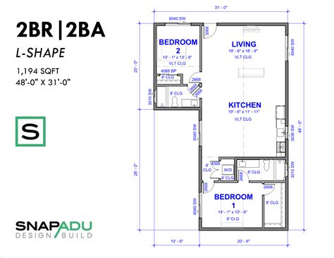 ADU Plans - 2 Bedroom 2 Bath Floor Plan Under 1200 sqft
