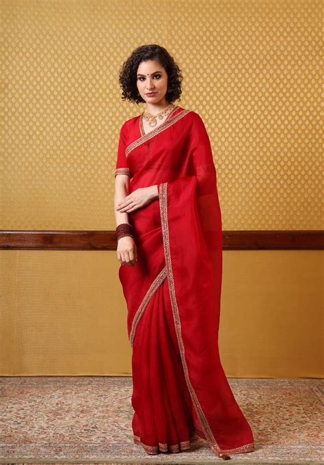 Hand-Embroidered Burnt-Orange Red Pure Silk-Organza Saree-Blouse Set