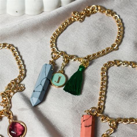 Salty Personalised Charm Bracelet With Green Alphabet , Tassel and ...