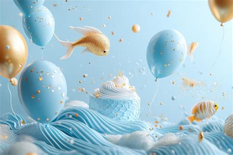 A gold fish swims around a cake with balloons and goldfish | Premium AI ...