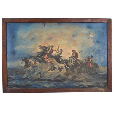 Riders Driving Cattle Through Water Action Scene Oil Painting on Hardboard