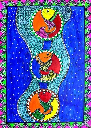 butterflies castle Madhubani Painting of fish Acrylic 12 inch x 8 inch ...