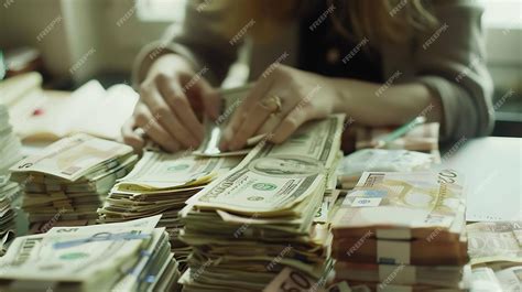 Premium Photo | Stacks of money on a table A womans hands are counting ...