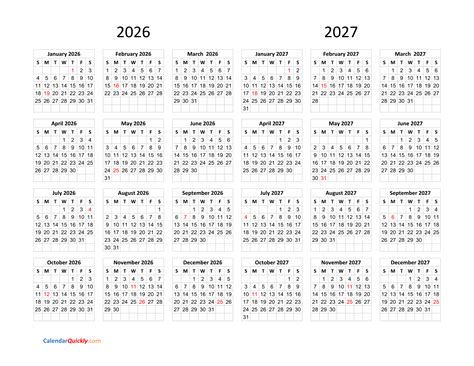 Monthly Calendar For 2026 And 2027
