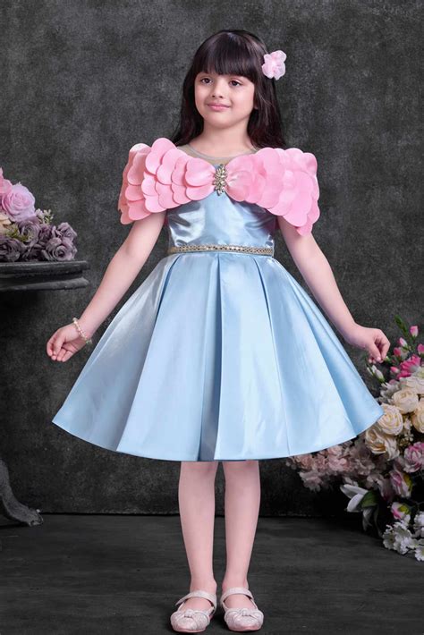 Powder Blue Party Wear Frock with Pink Bow Appliqué And Flared Skirt F ...