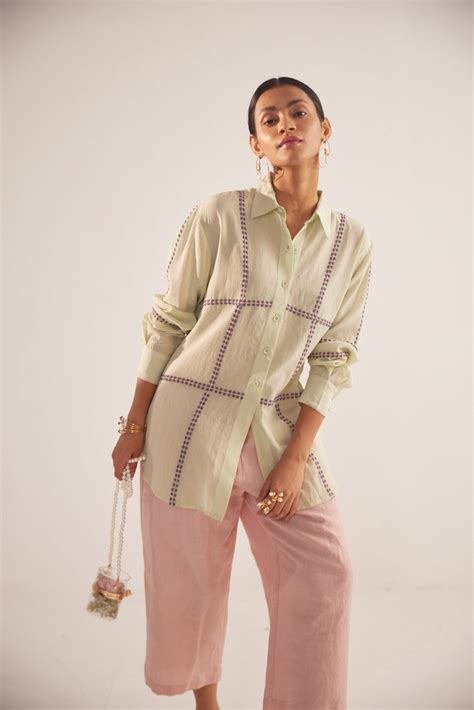 Green Line Embroidered Oversized Shirt| Western Era