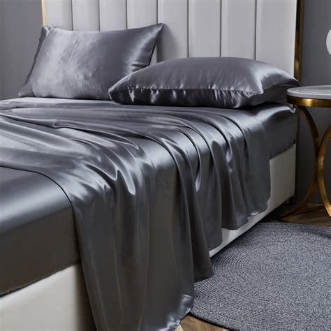 ANMINY Satin Silk Sheets, King Size 4-Piece Set, Dark Gray, Deep Pocket ...