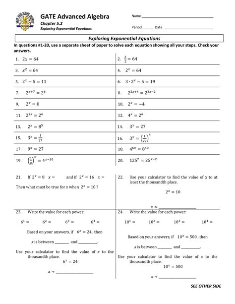 5.2 GATE Exploring Exponential Equations LHS - GATE Advanced Algebra ...