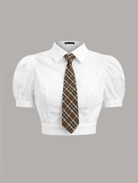 SHEIN MOD Puff Sleeve Crop Shirt With Plaid Tie | SHEIN USA