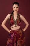 Buy Maroon Satin Beads, Cut Work V-neck Printed Embroidered Cape ...
