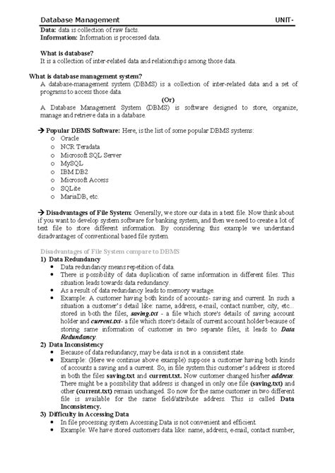 DBMS UNIT I - Comprehensive Notes on Database Management Systems - Studocu