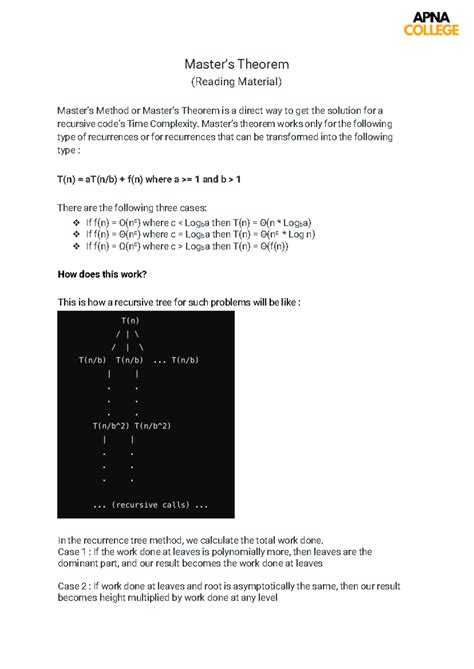 Masters Theorem (CS 101) - Reading Material on Recursion - Studocu