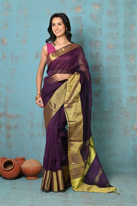 Tyohaar ~ Handloom Pure Cotton Linen Saree With Golden Border - Purple ...
